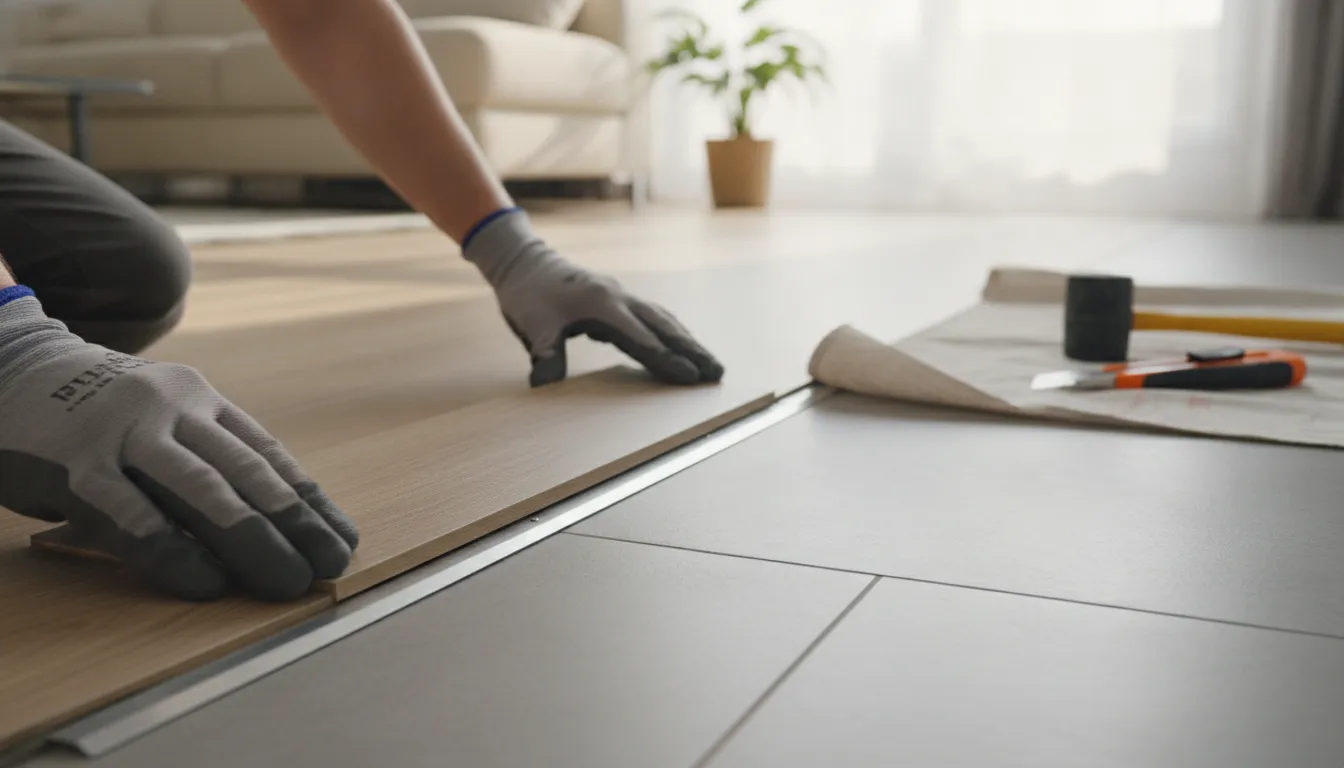 Laminate flooring meeting another surface at a finished doorway transition