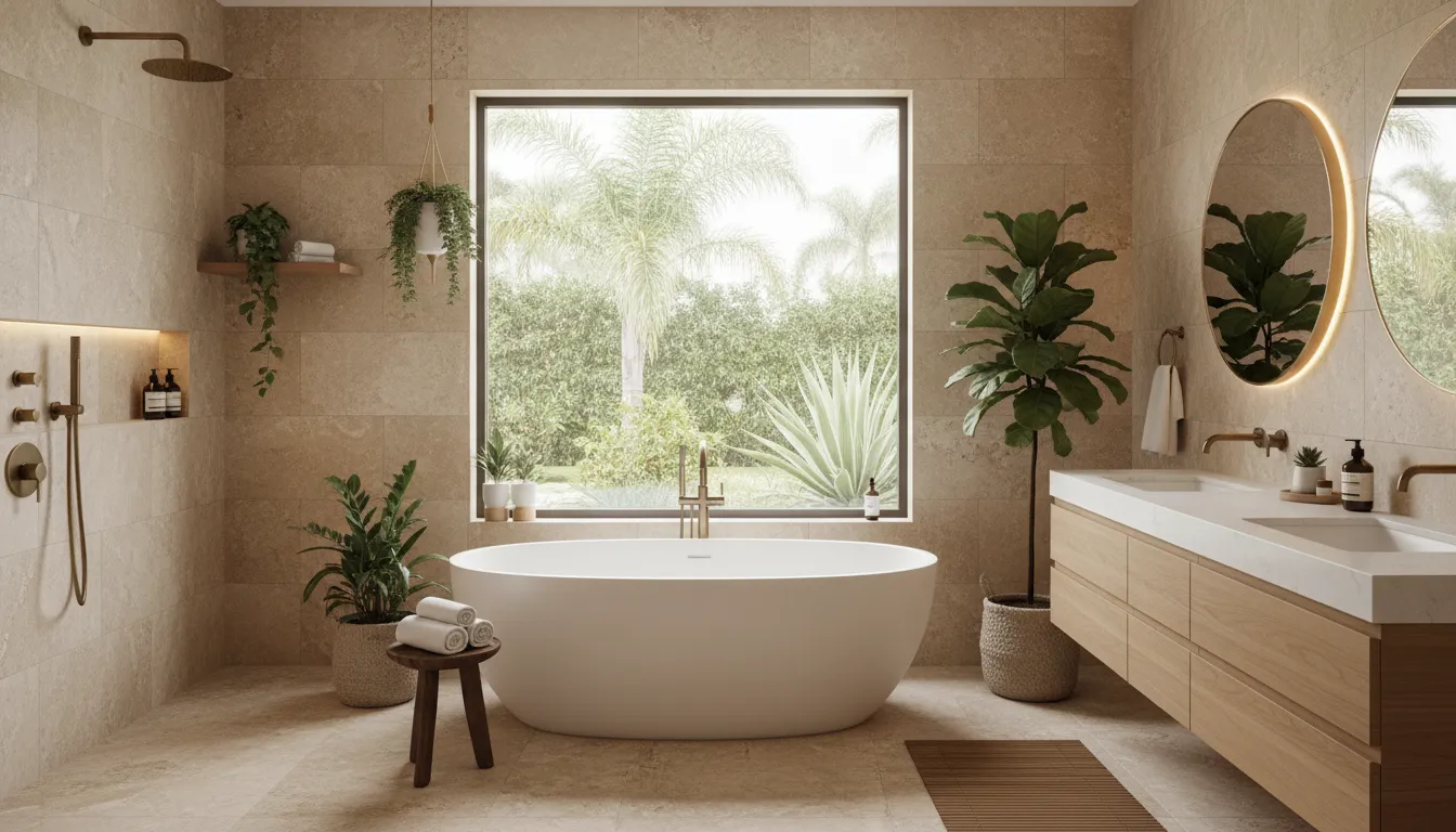 Freestanding bathtub in a luxury San Diego bathroom with natural tile
