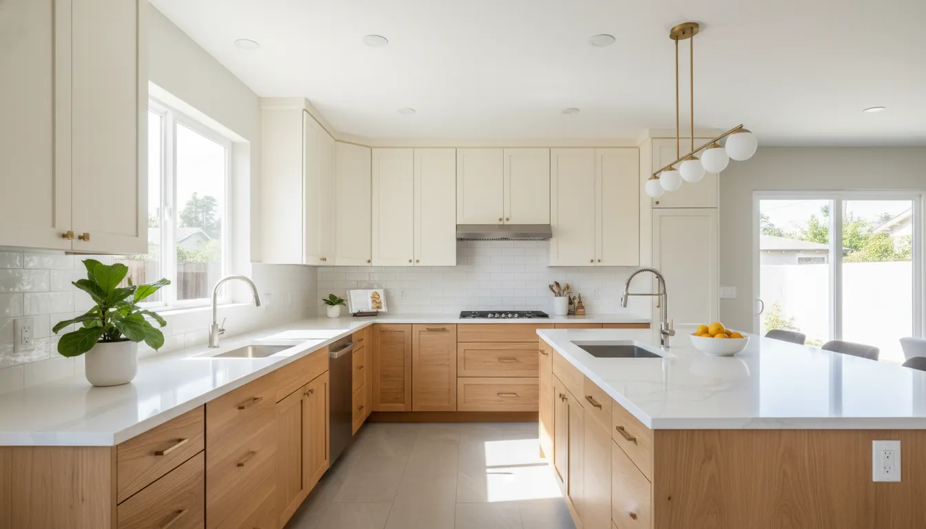 Two tone kitchen cabinets with white uppers and wood lower cabinets