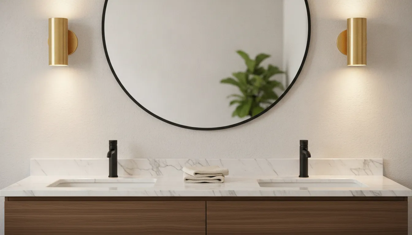 Two wall sconces flanking a round bathroom mirror provide balanced task lighting for grooming