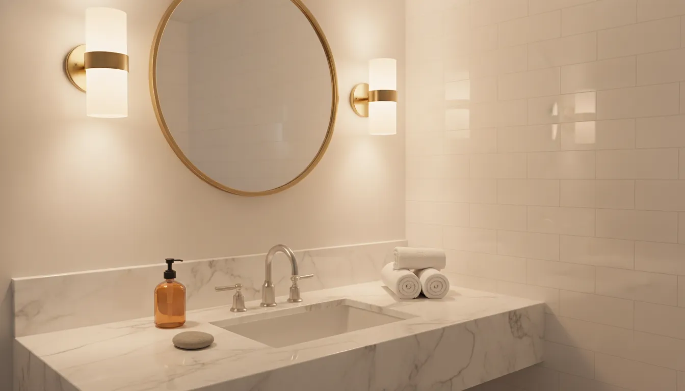 Bathroom vanity with wall sconce lighting on both sides of a round mirror