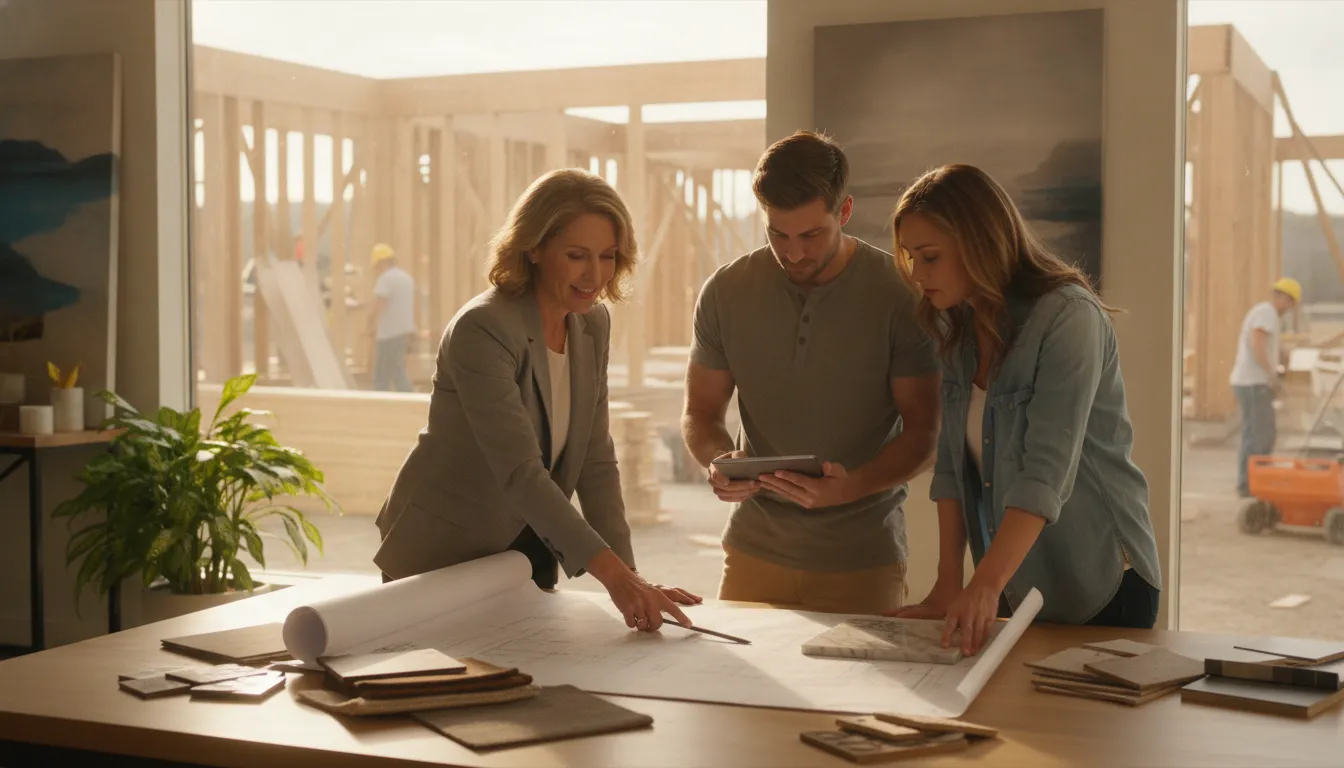 Design-build contractor reviewing kitchen remodel plans and material samples with a homeowner in a bright design studio