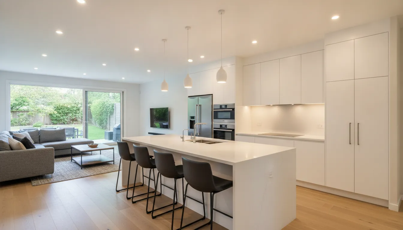 Modern finished kitchen with large island from a San Diego whole home remodel