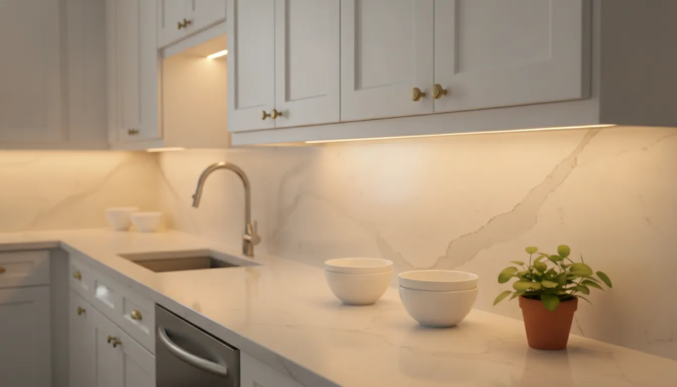 Under-cabinet LED lighting illuminating a clean white kitchen countertop with marble backsplash