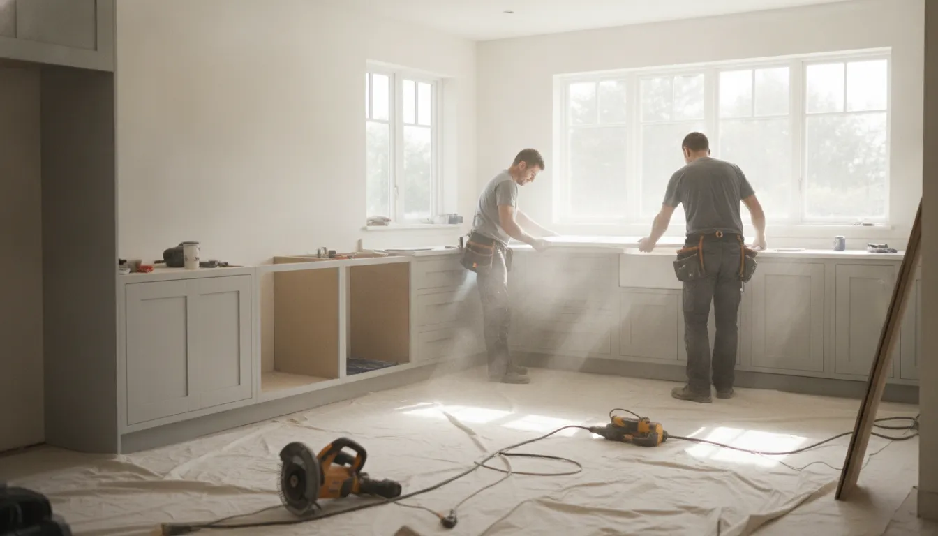 Craftsmen installing new shaker cabinets and a quartz countertop during a kitchen gut remodel