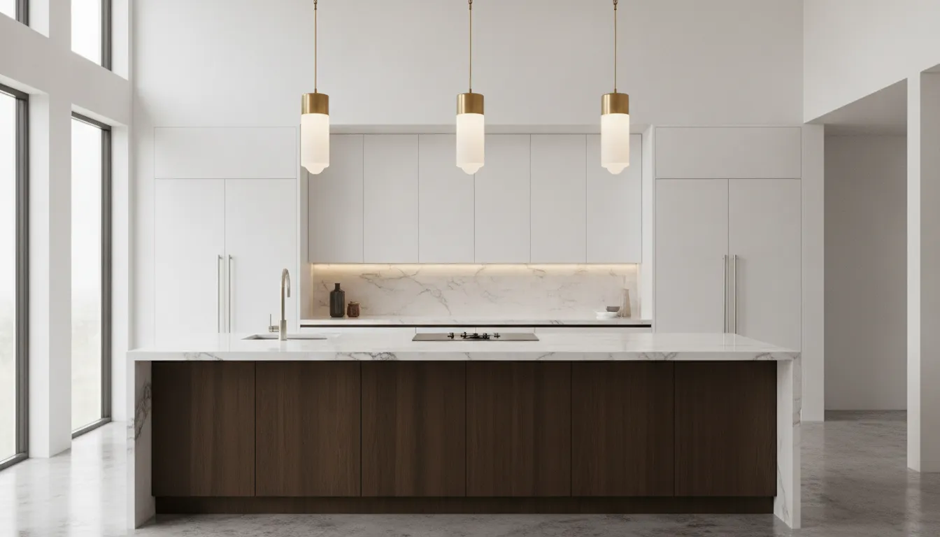 Elegant pendant lights hanging over a modern kitchen island with warm soft illumination