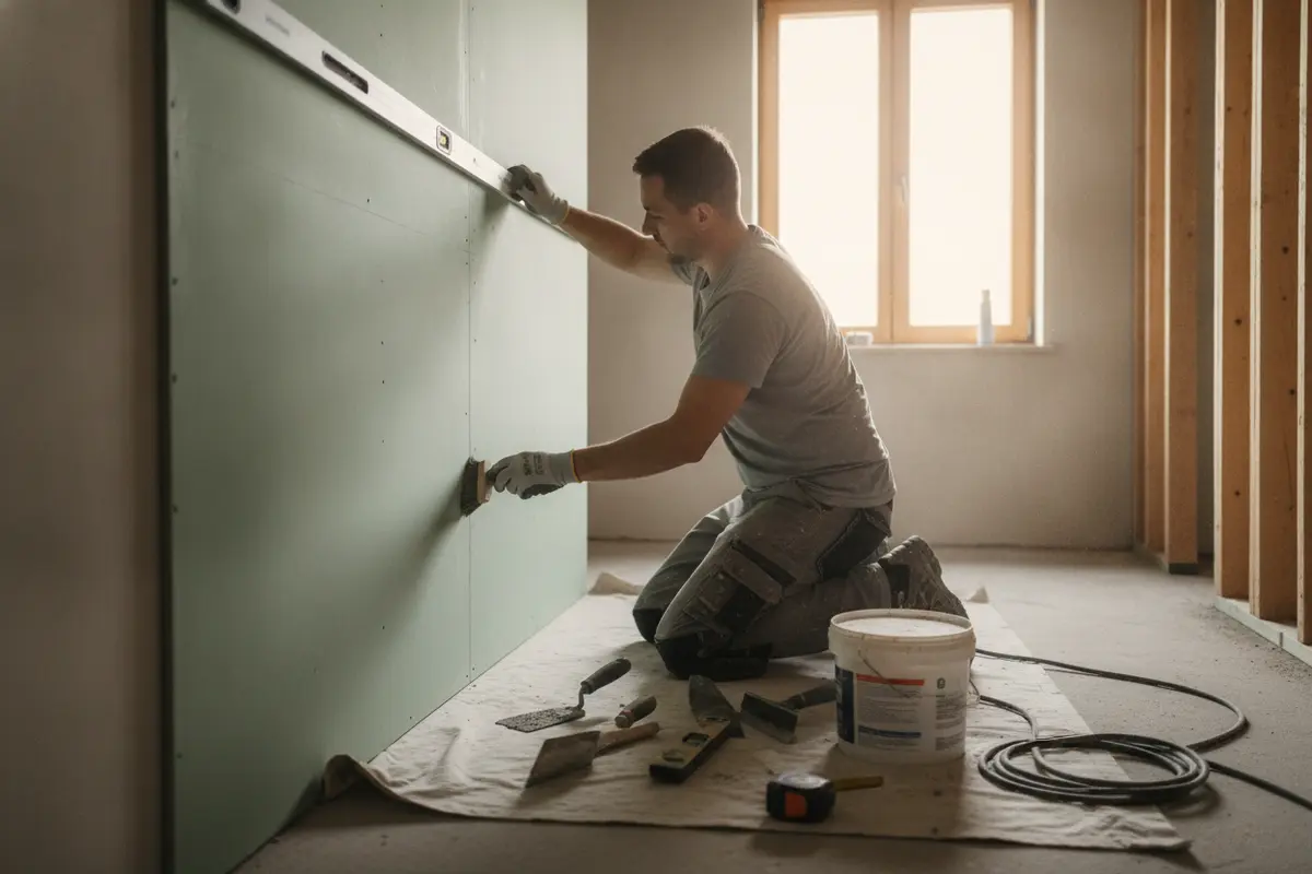 Installer checking a bathroom wall surface before tile work