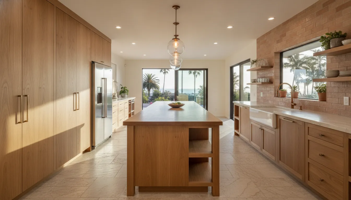 Open concept kitchen island placement with layered pendant lighting