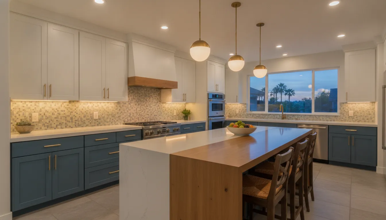 Kitchen lighting zones highlighting backsplash, shelving, cabinets, and island pendants