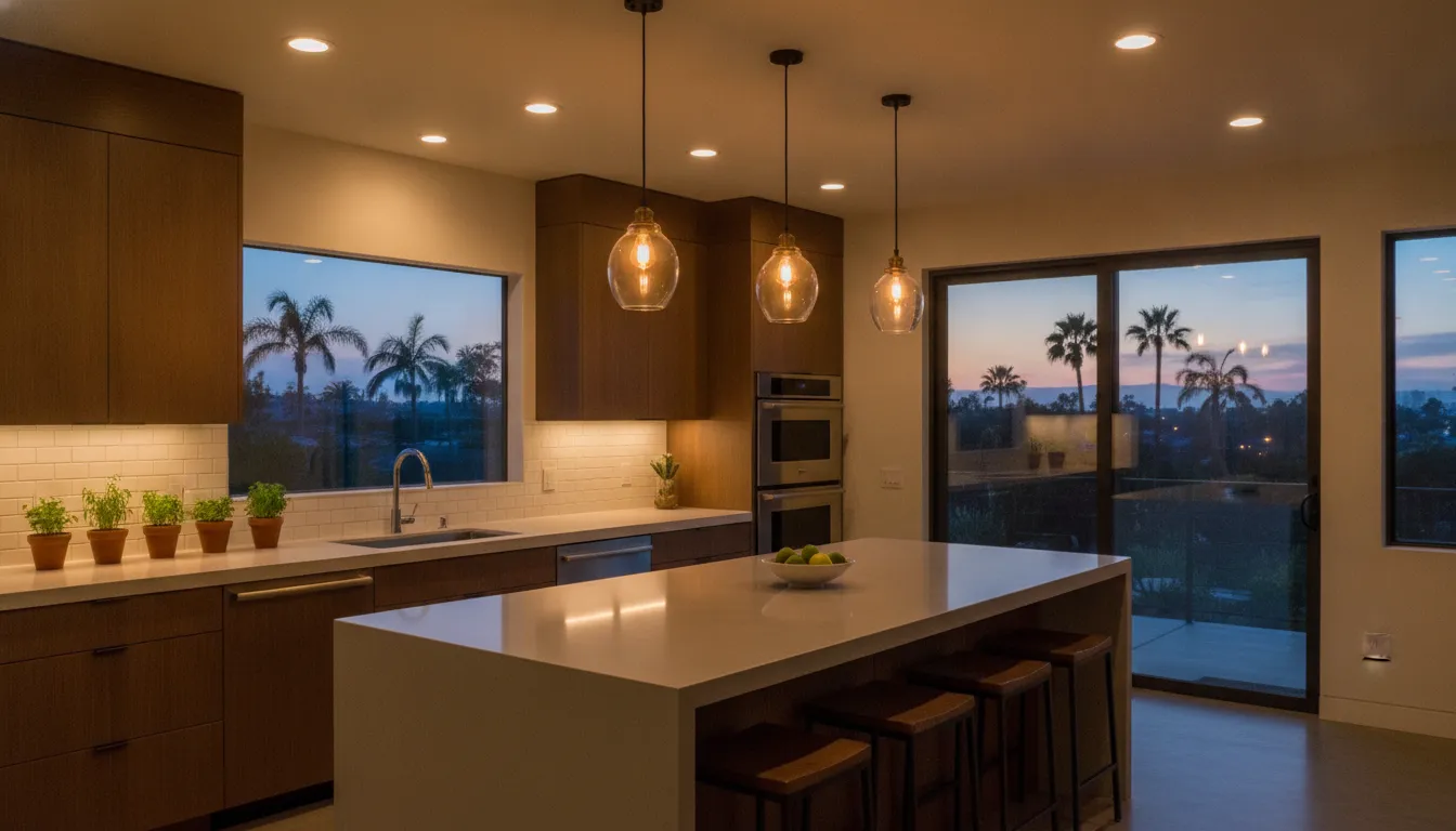 Kitchen lighting ideas showing under-cabinet LEDs, island pendants, and recessed lights
