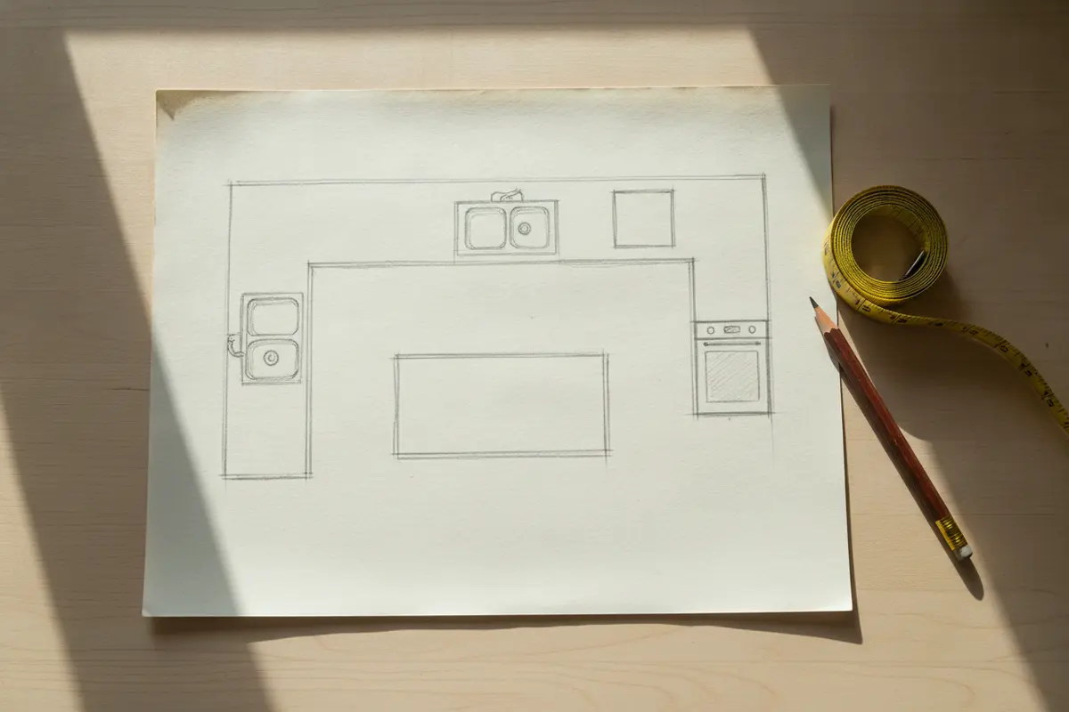 Kitchen renovation sketch with appliance and sink locations marked for permit questions