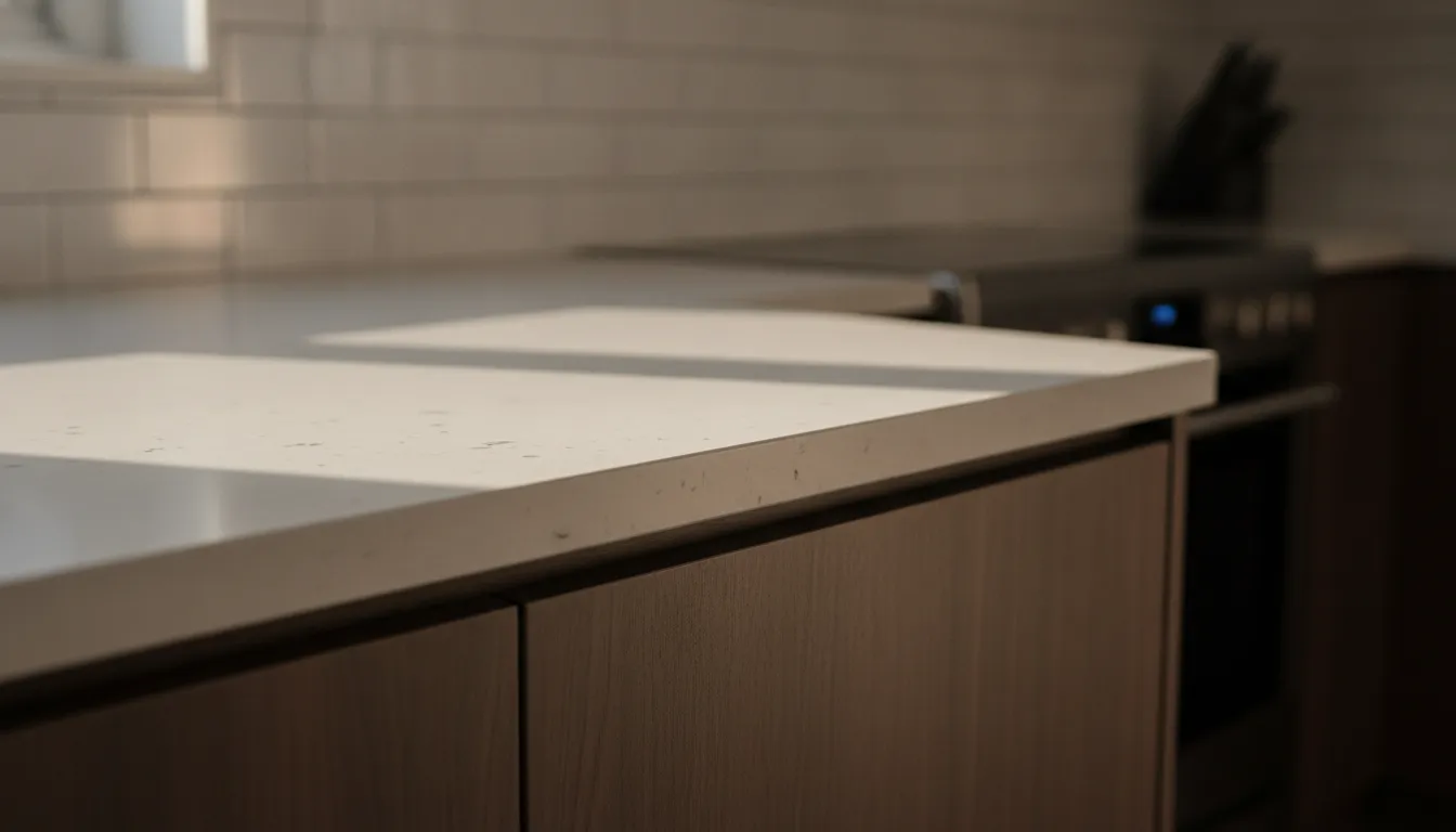 Close-up of an eased edge profile on a modern laminate countertop