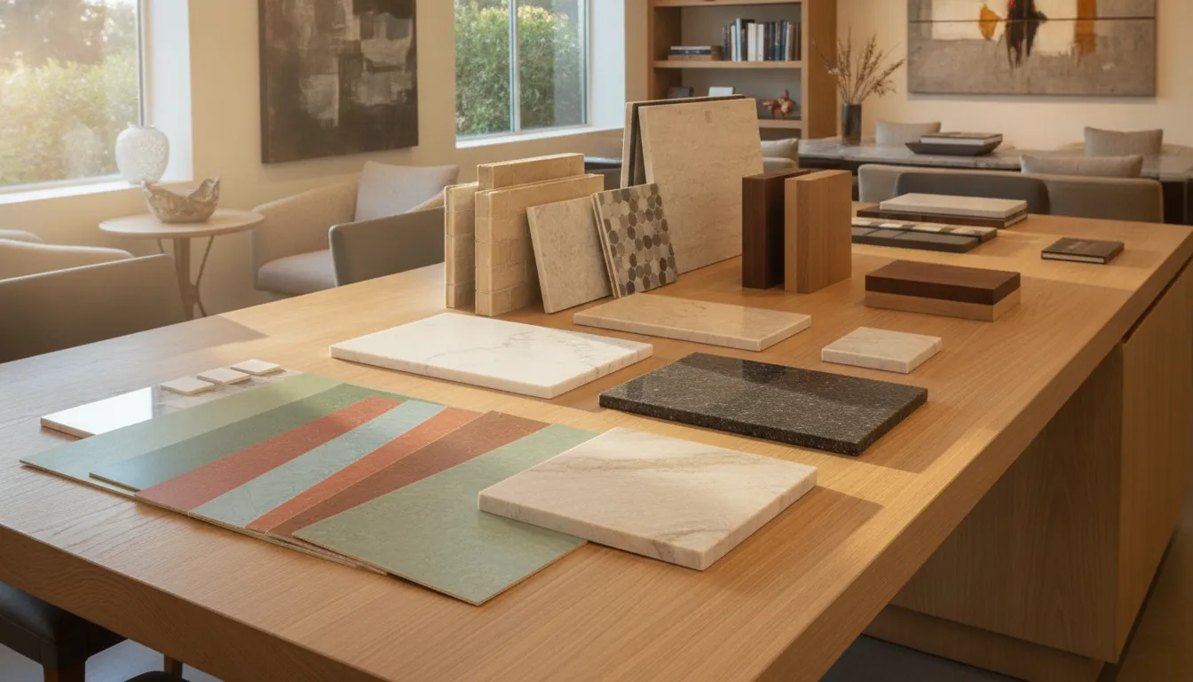 Laminate countertop samples arranged with cabinet and backsplash materials in a design showroom