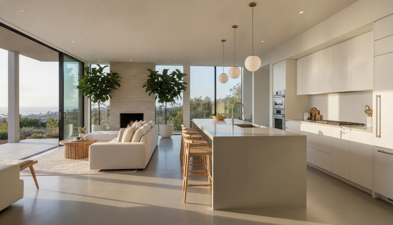 Open concept kitchen layout connecting cooking and living areas