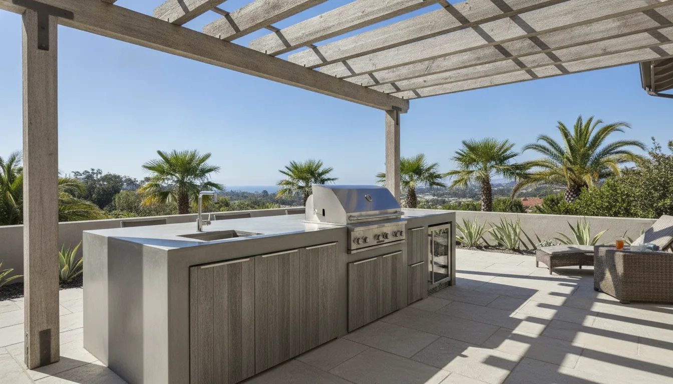Island style outdoor kitchen layout with built-in stainless steel grill and custom concrete countertop in San Diego
