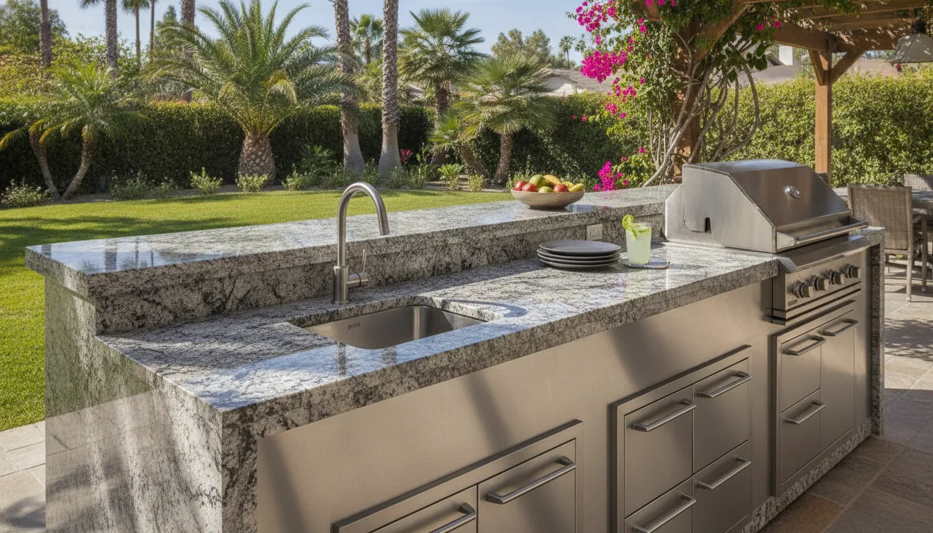 Close-up of premium granite countertops and weatherproof marine-grade polymer outdoor kitchen cabinets in Scripps Ranch San Diego