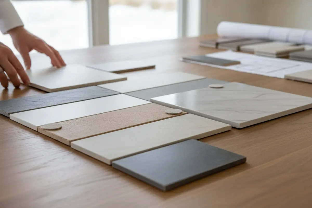 Porcelain and ceramic tile samples compared for a kitchen and bathroom remodel