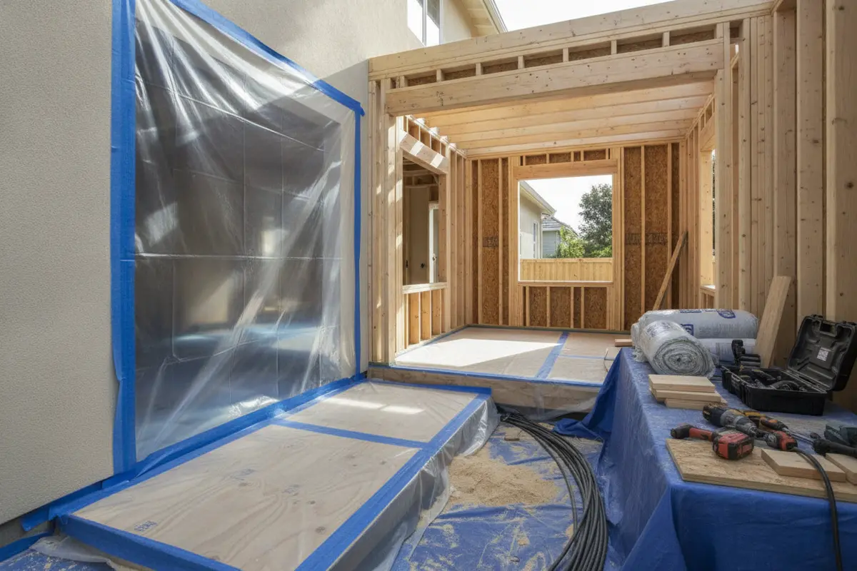 Protected home interior beside a carefully organized room addition work area