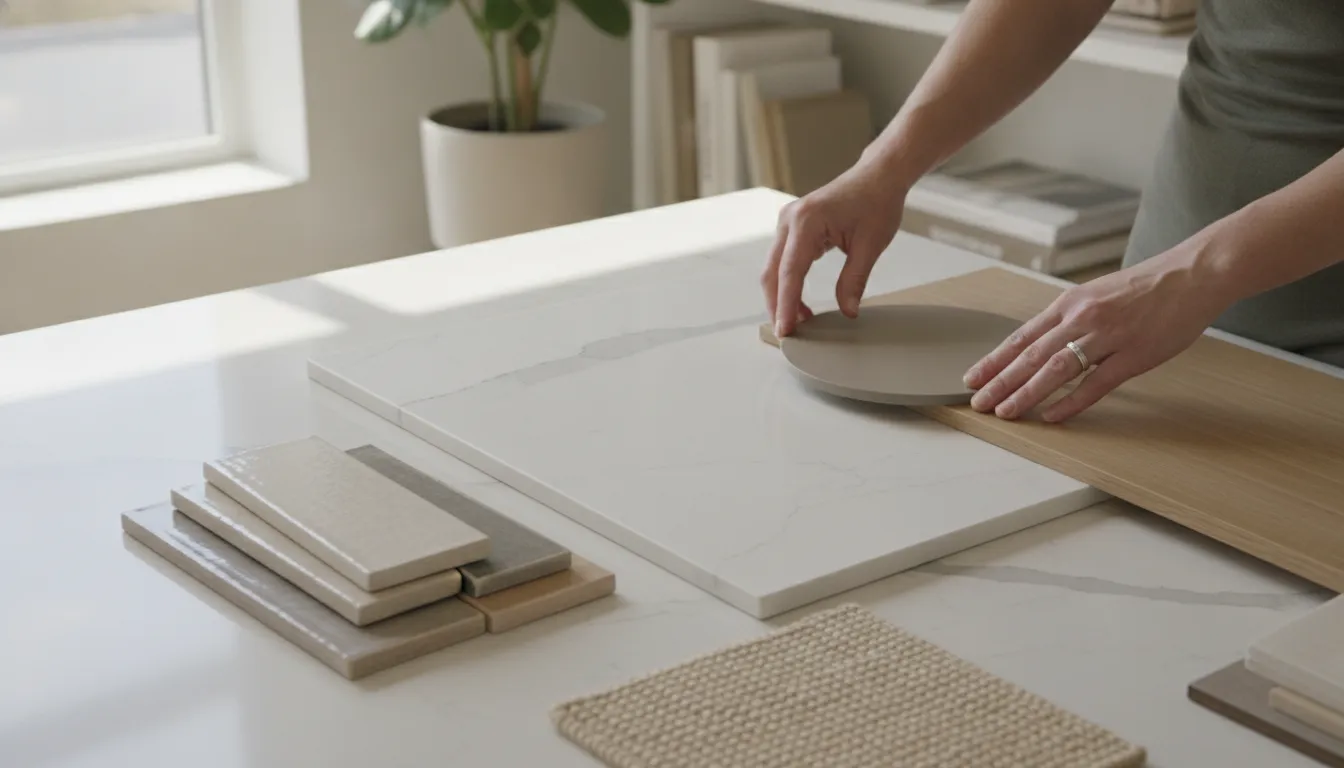 Quartz countertop and kitchen finish samples in a design studio