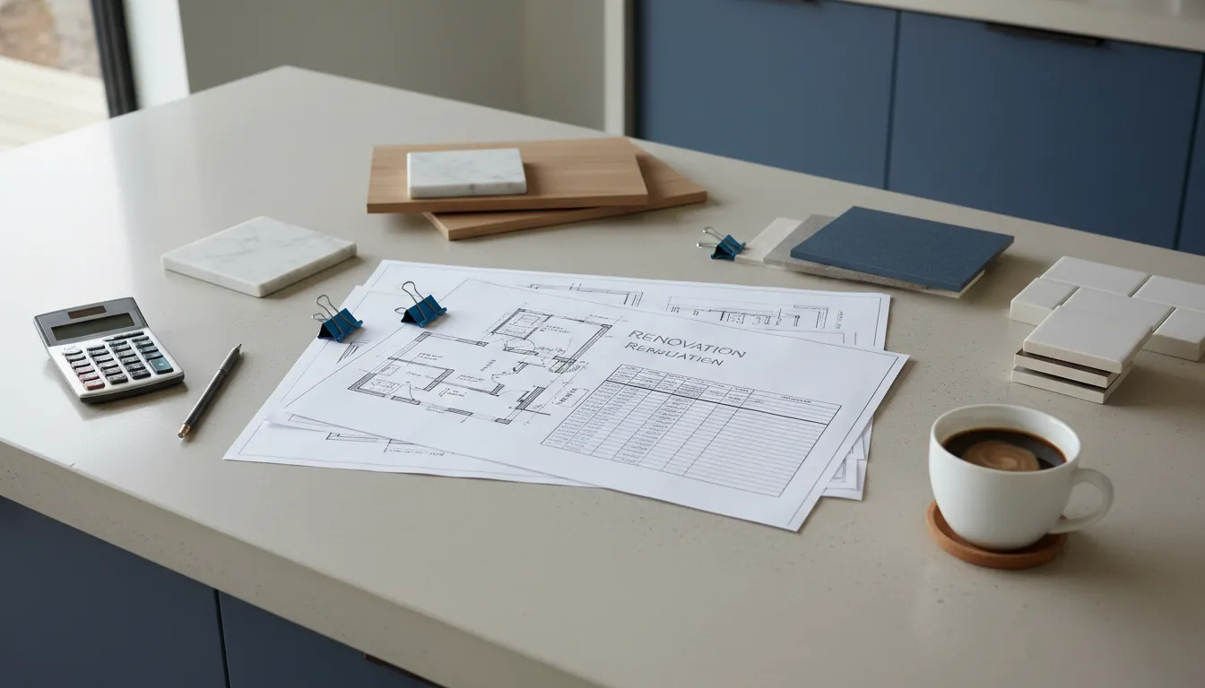 Home remodel financing budget documents and material samples on a kitchen island