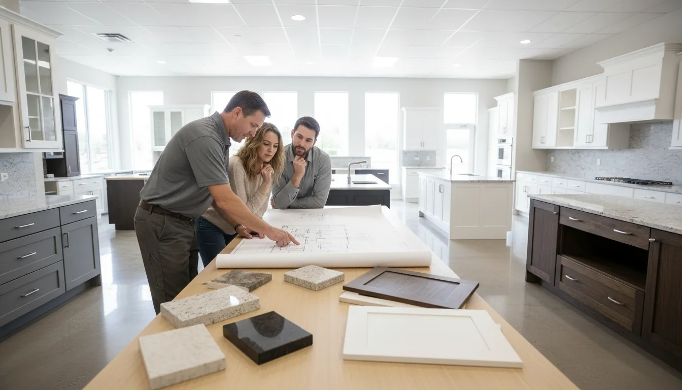 Homeowners and contractor comparing home remodel financing plans with kitchen samples