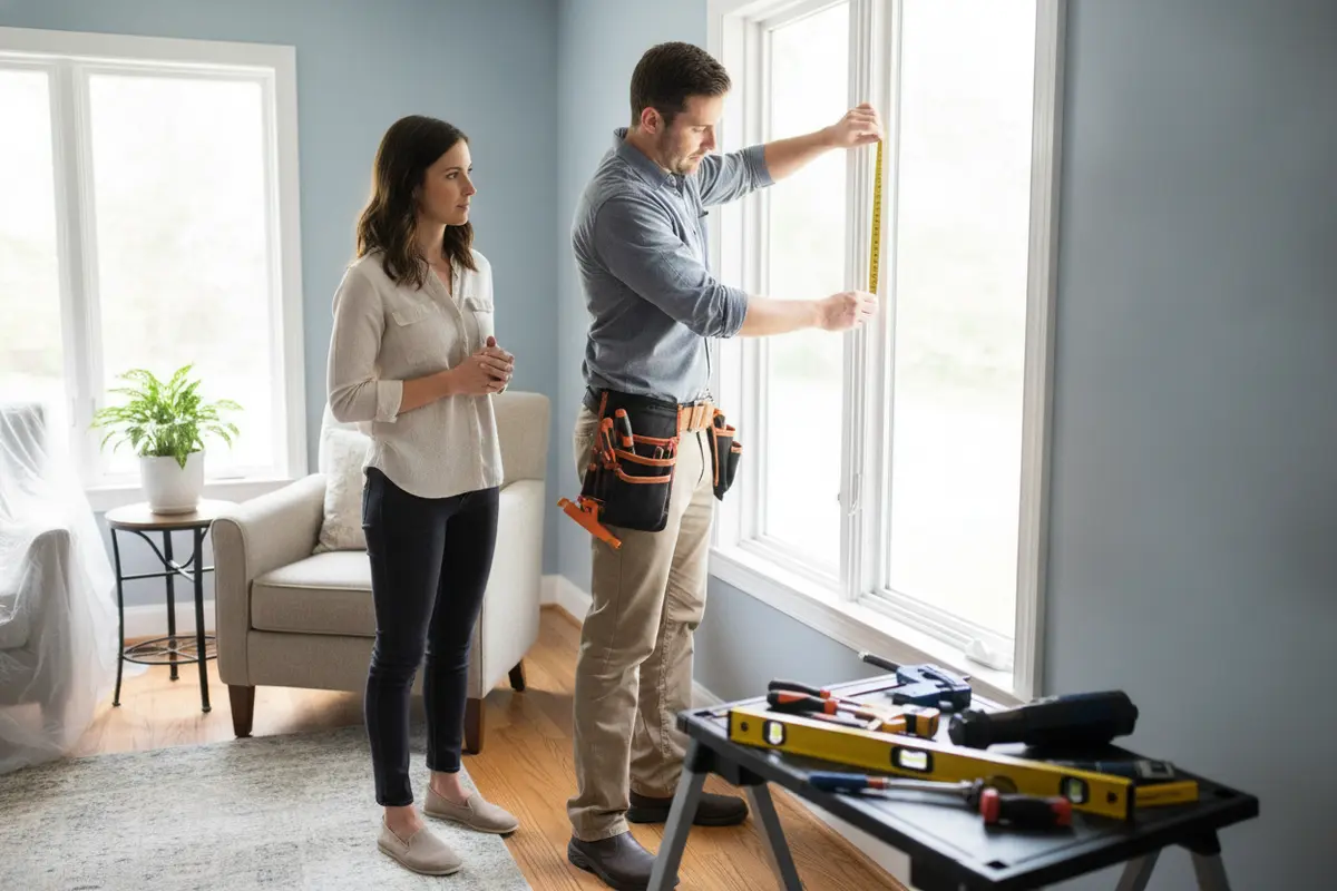 Remodeling professional measuring a window opening during project planning