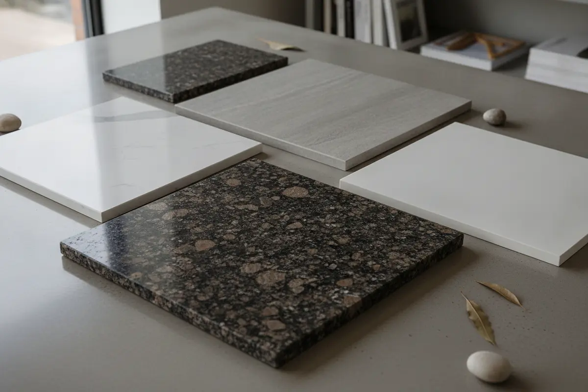 Samples of quartz granite porcelain and solid surface countertops for a family kitchen
