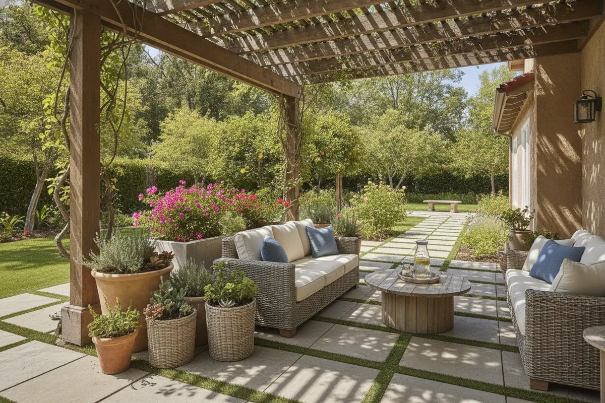 Shaded patio with durable flooring, planters, and an open garden passage