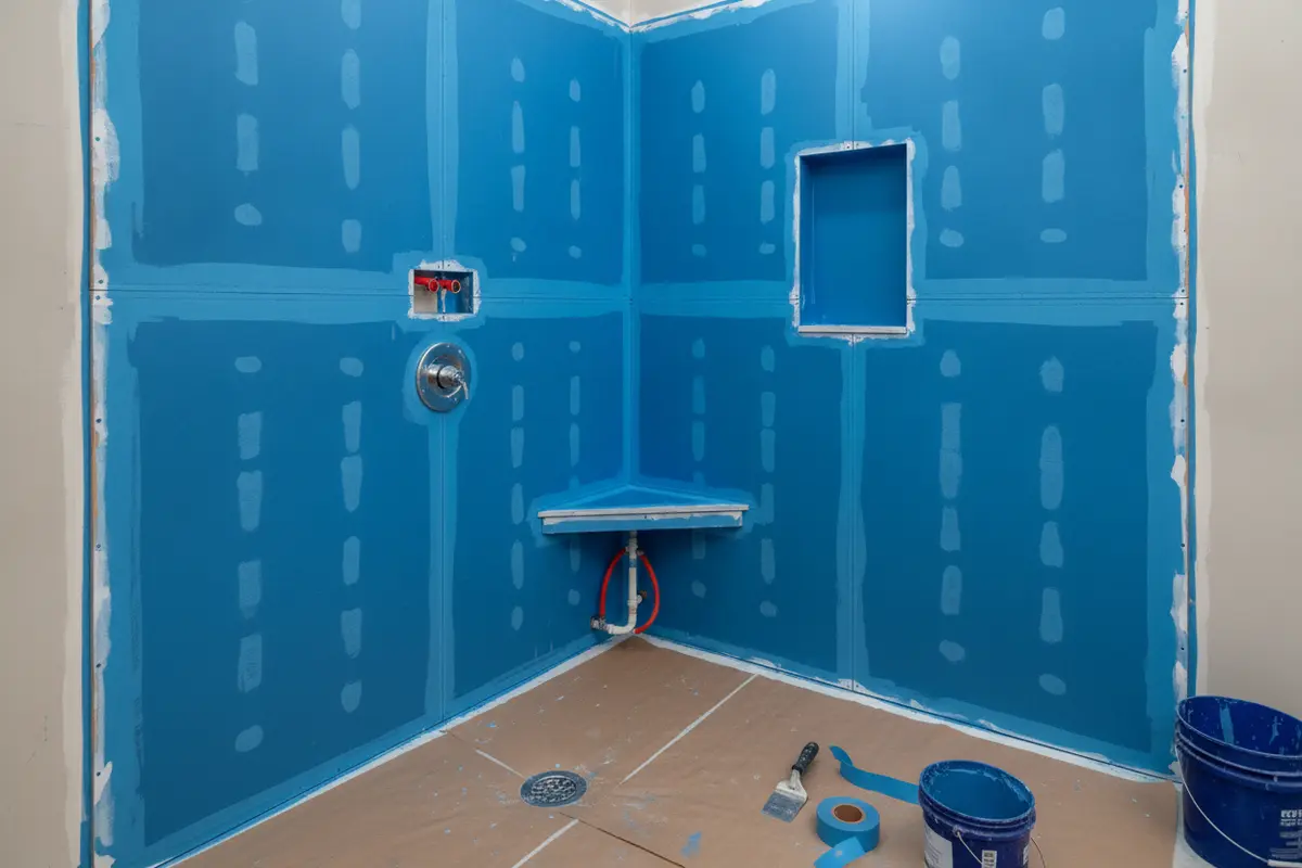 Shower framing and cement backer prepared for waterproofing before tile installation
