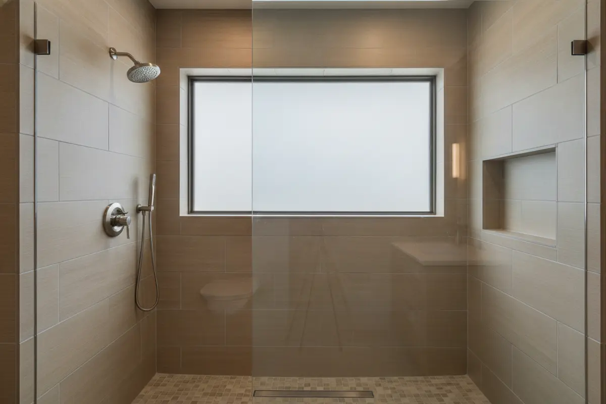 Shower layout with the window integrated into the tiled wall away from the main spray