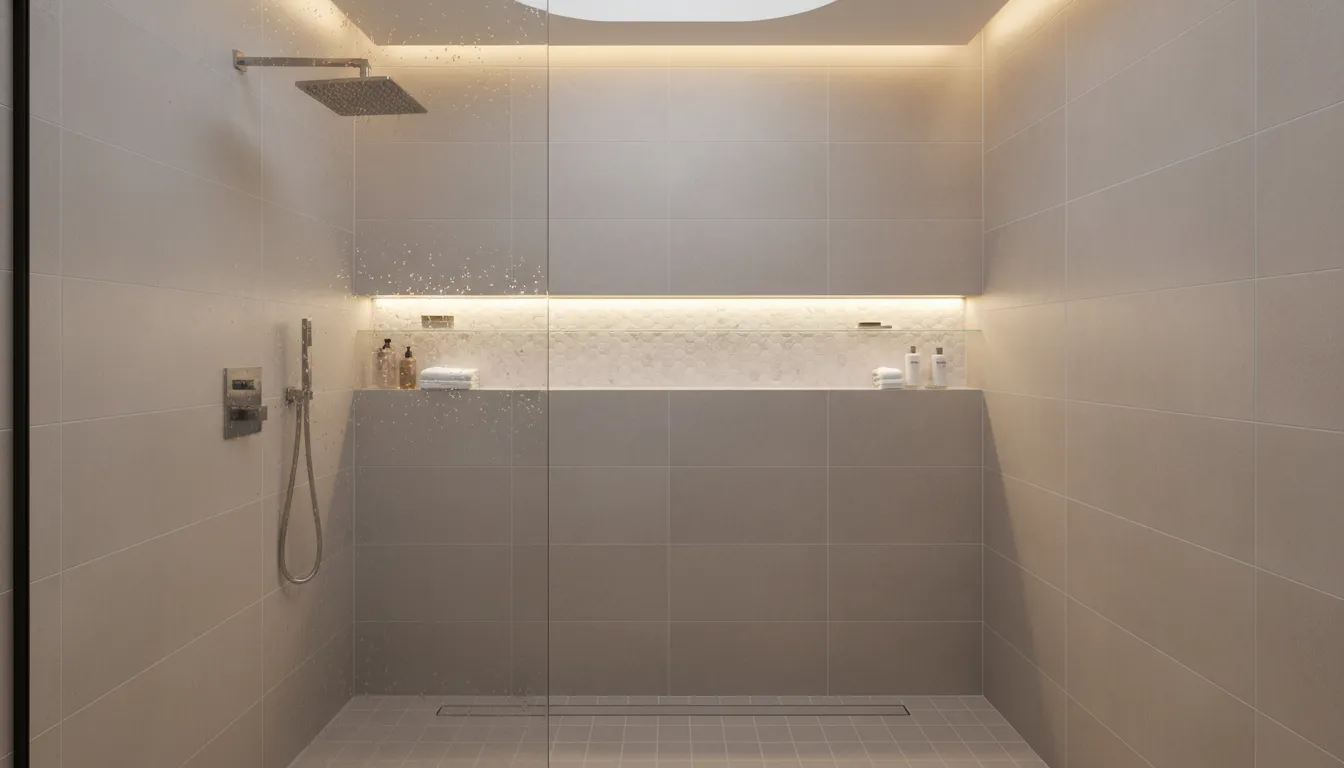 Professionally tiled shower niche for small bathroom storage