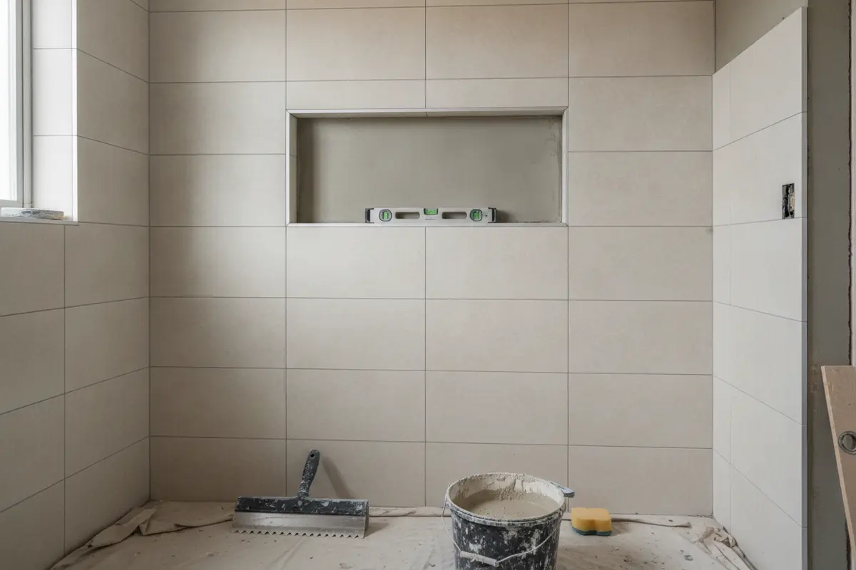 Tile layout in progress on shower walls with niche and consistent grout lines