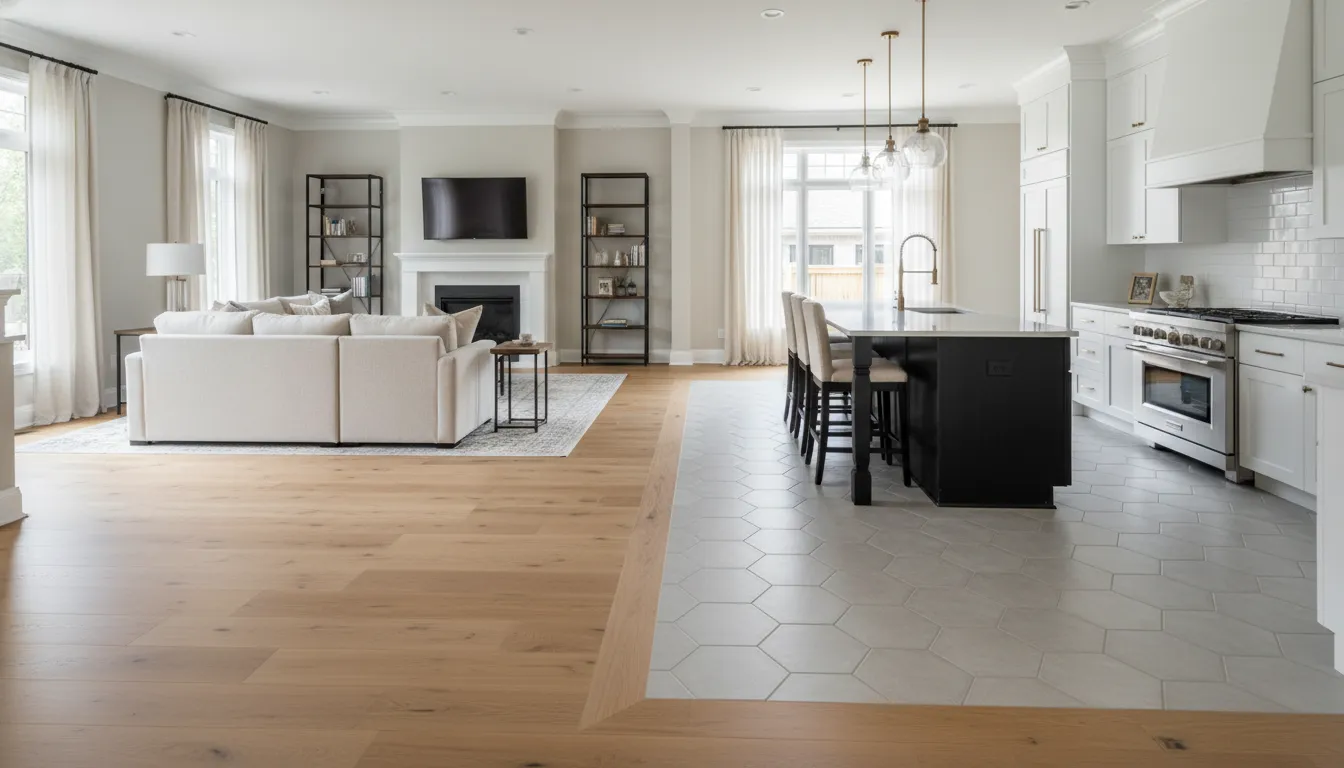 Tile and LVP flooring used across a modern kitchen and living space