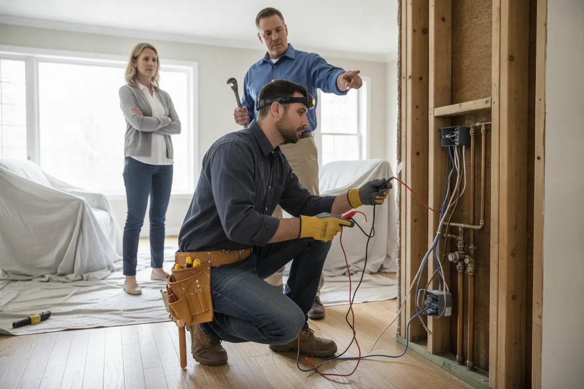 Trade professional checking kitchen wiring and plumbing before finishes are installed