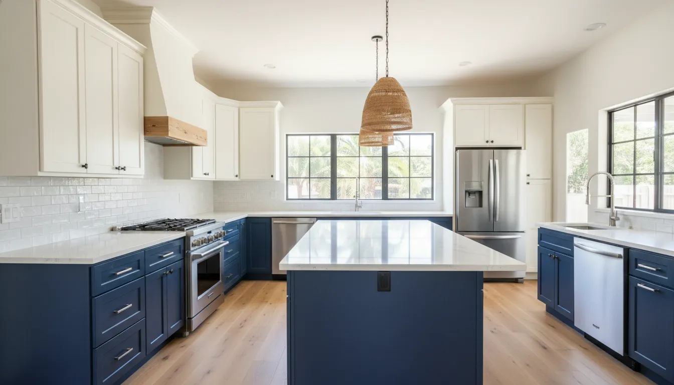 Two tone kitchen cabinets with white uppers, navy lowers, quartz countertops, and tile backsplash in a San Diego kitchen remodel