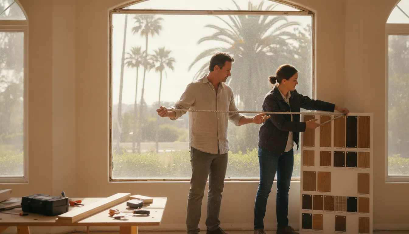 Homeowner reviewing a window project with a remodeling professional