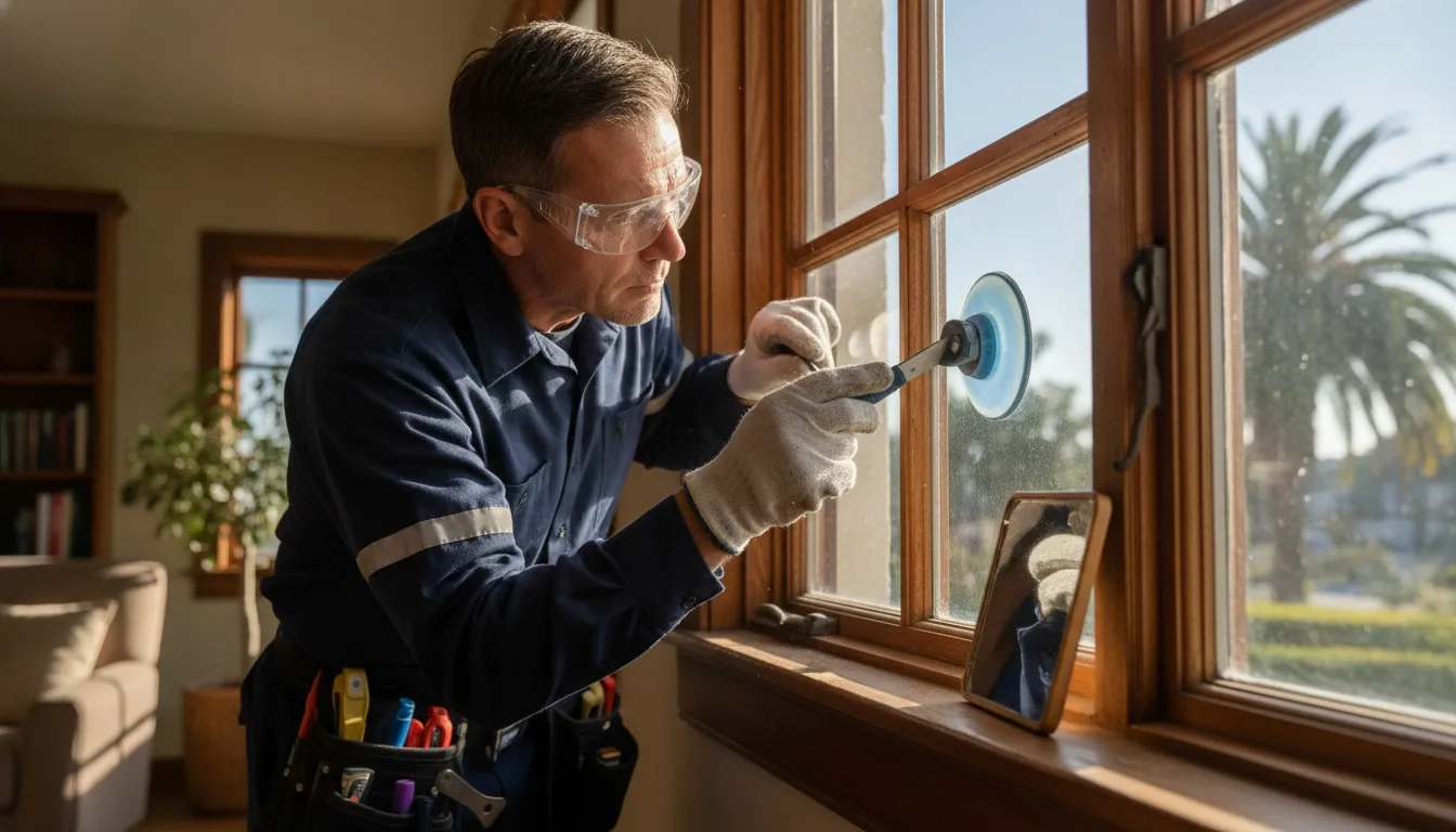 Professional inspecting a residential window sash and seal