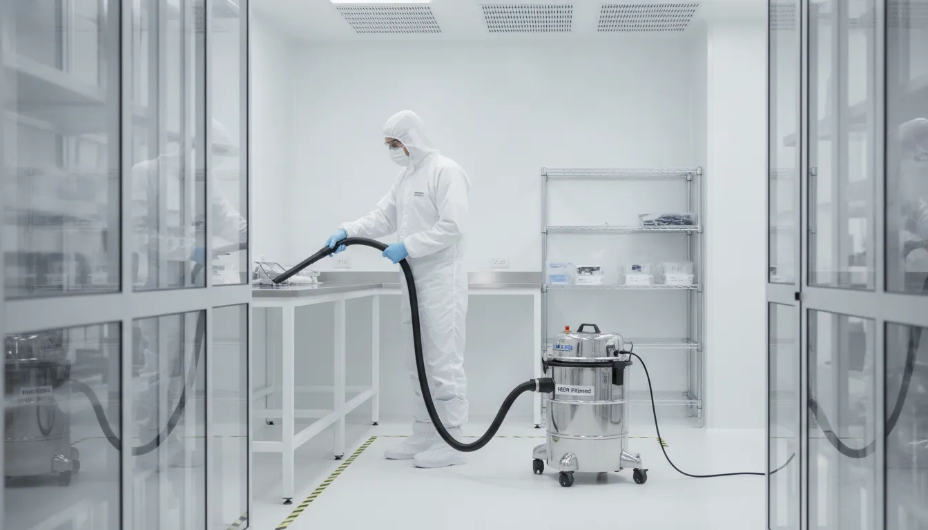 How Cleanroom Cleaning Protocols Meet ISO 14644-1 Standards Professional cleanroom technician using HEPA-filtered vacuum equipment during contamination control cleaning in an ISO Class 5 facility