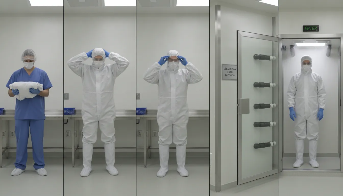 How Cleanroom Cleaning Protocols Meet ISO 14644-1 Standards Cleanroom gowning protocol showing full sterile suit, hood, mask, and gloves with airlock entry for ISO Class 5 pharmaceutical facility