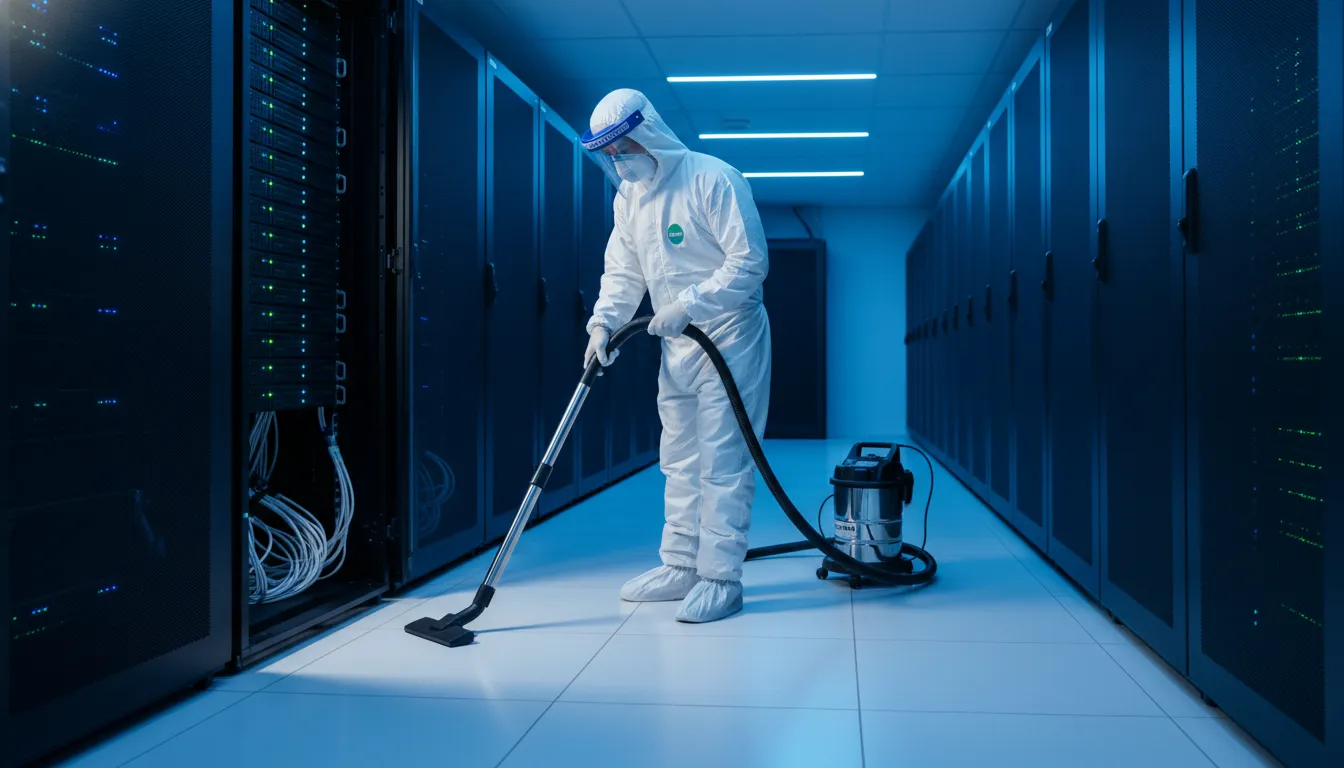 Data Center Cleaning vs Janitorial Cleaning Guide Data center cleaning vs janitorial cleaning protocol checklist near server racks