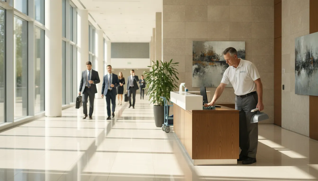 How to Hire Day Porter for Corporate Office Needs Day porter following a corporate office service route during business hours