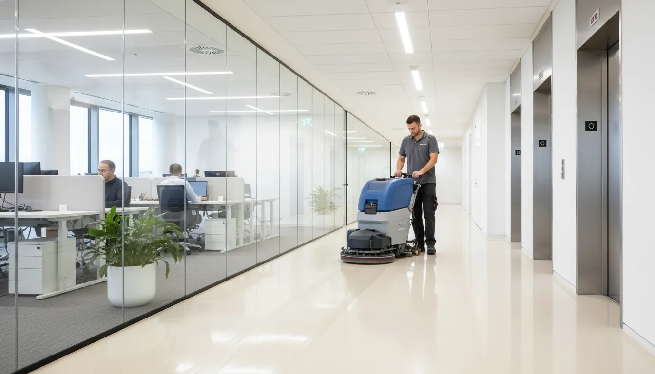 Commercial Hard Floor Cleaning Explained Technician performing commercial hard floor cleaning with an auto scrubber