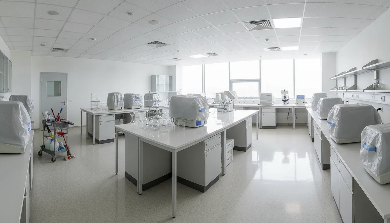 How to Prepare Laboratory for Professional Cleaning: Pre-Service Checklist A commercial research laboratory with clear workbenches and covered equipment prepared for professional cleaning