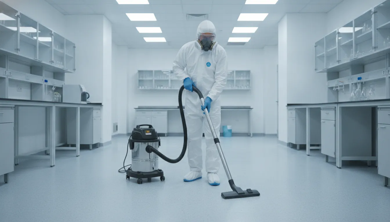 How to Prepare Laboratory for Professional Cleaning: Pre-Service Checklist Professional cleaning technician wearing protective gear and using a HEPA vacuum in a clean clinical laboratory