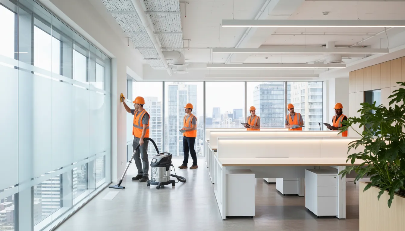 Post-Construction Cleaning Checklist for Commercial Buildings Team using a post-construction cleaning checklist for commercial buildings during final inspection