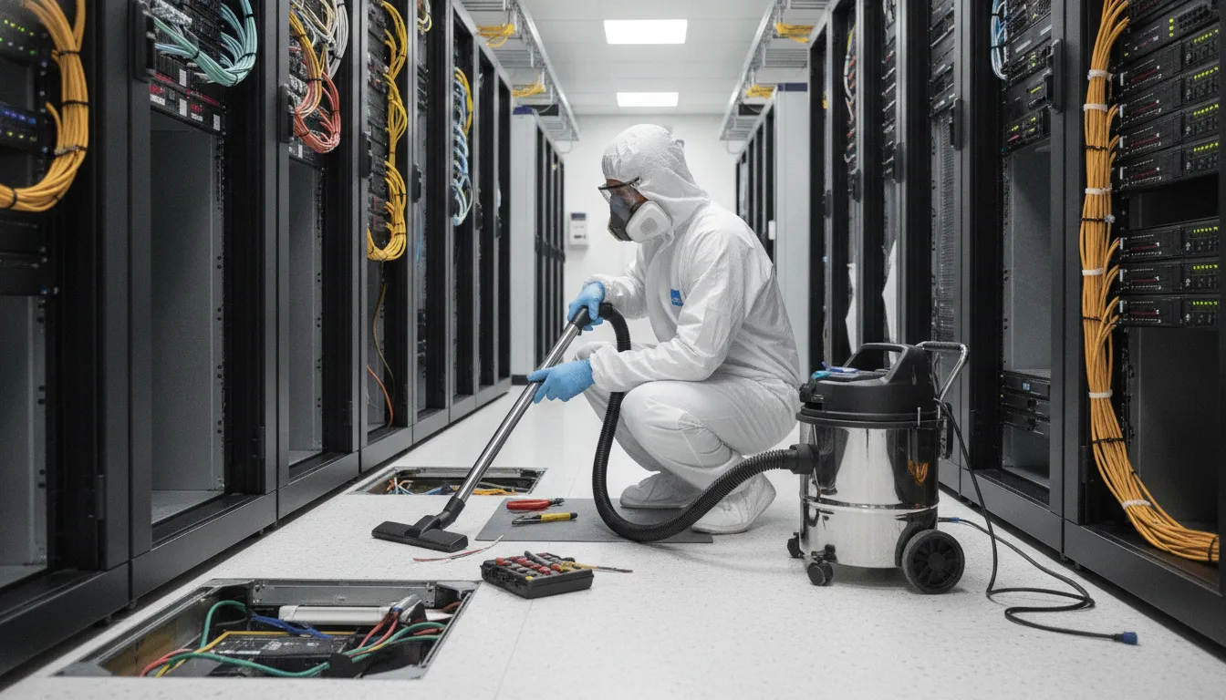 Data Center Maintenance Cleaning: A Facility Guide Technician performing data center maintenance cleaning with a connected HEPA-filtered vacuum