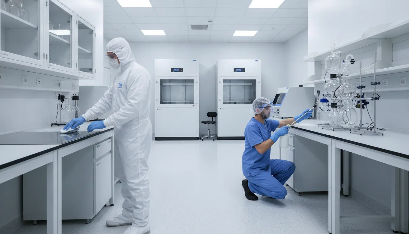 Cleanroom Cleaning vs Laboratory Cleaning: Key Differences Cleanroom and laboratory cleaning professionals using environment-specific methods