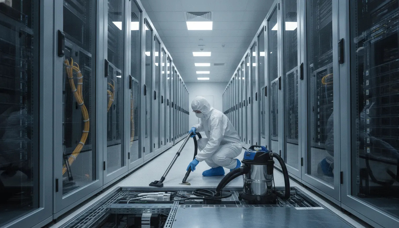 Post-Construction Data Center Cleaning Checklist Technician performing post-construction data center cleaning beneath a raised floor