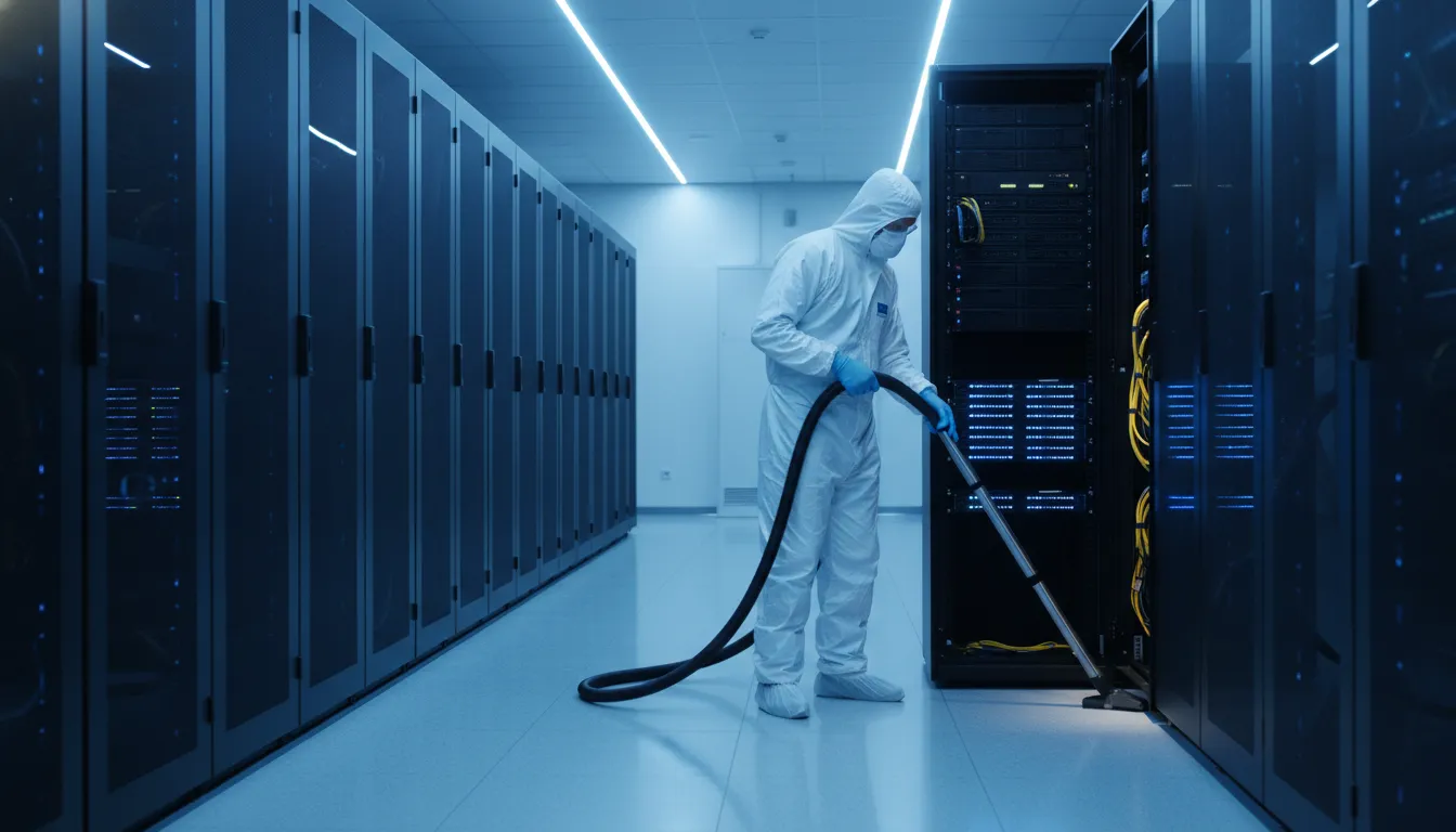 Data Center Cleaning vs Janitorial Cleaning Guide Technician performing data center cleaning vs janitorial cleaning near server racks