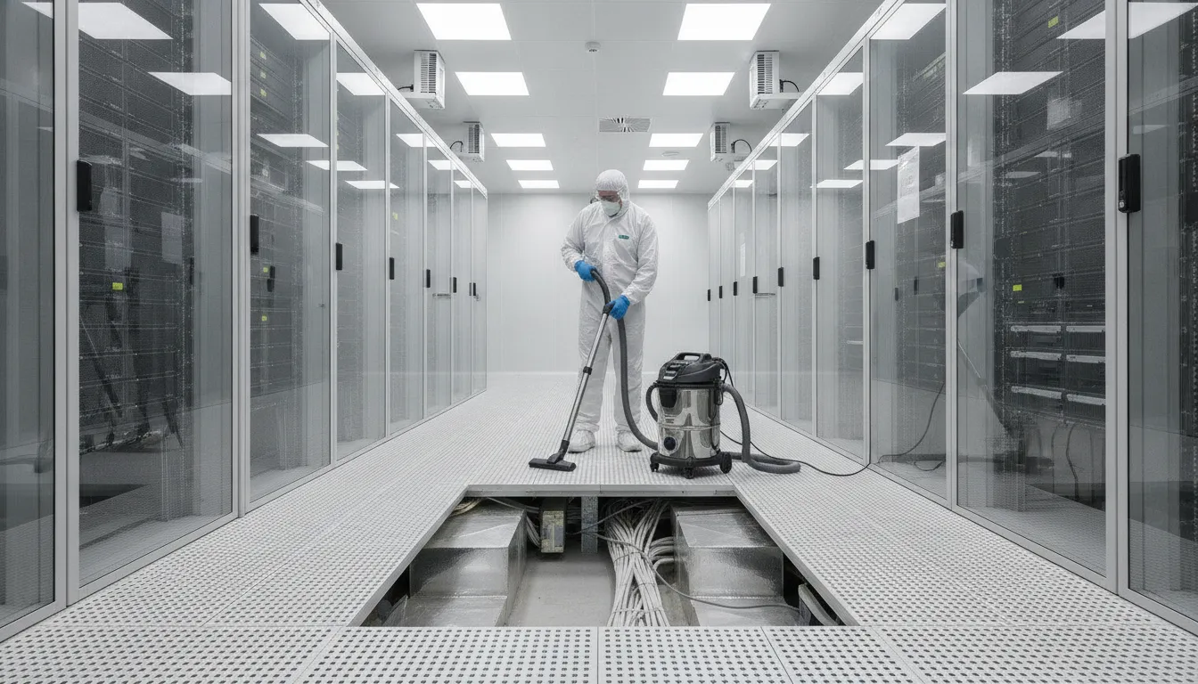 Zinc Whisker Mitigation Data Center Risks: Detection and Prevention Guide Data center technician using HEPA-filtered vacuum equipment on raised floor for zinc whisker remediation
